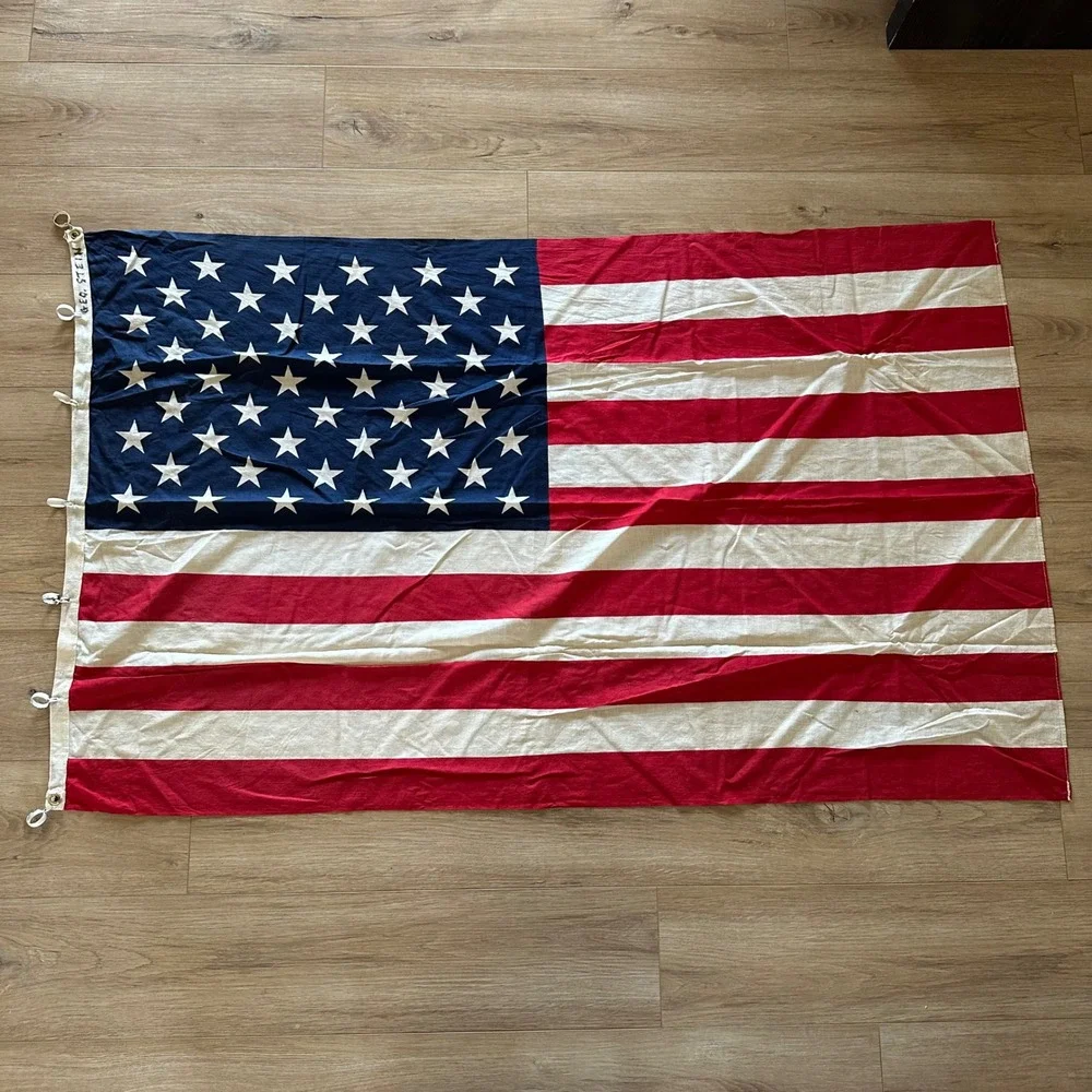 Vtg Dyed Cotton American Flag 50 Stars Geo Grommets Americana Memorial Deco 3x5'